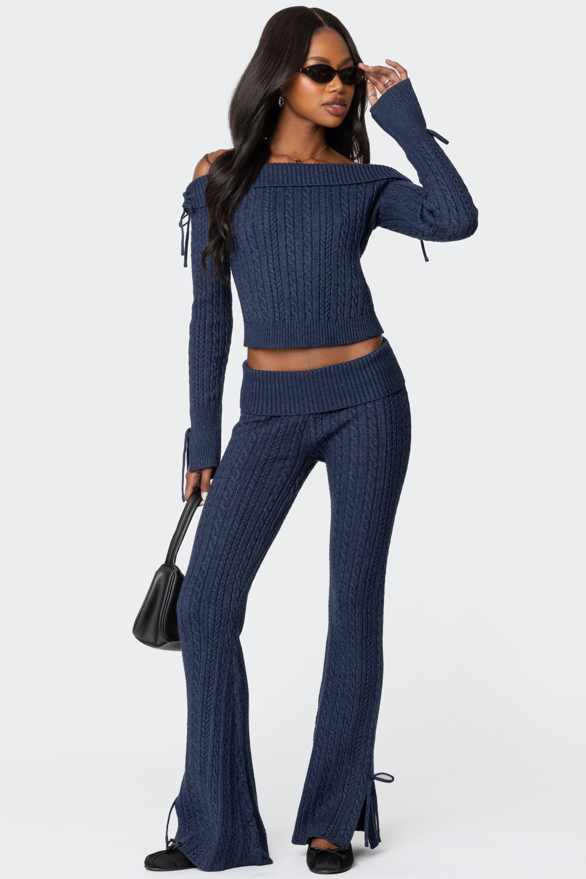 Chase Fold Over Cable Knit Top - NAVY