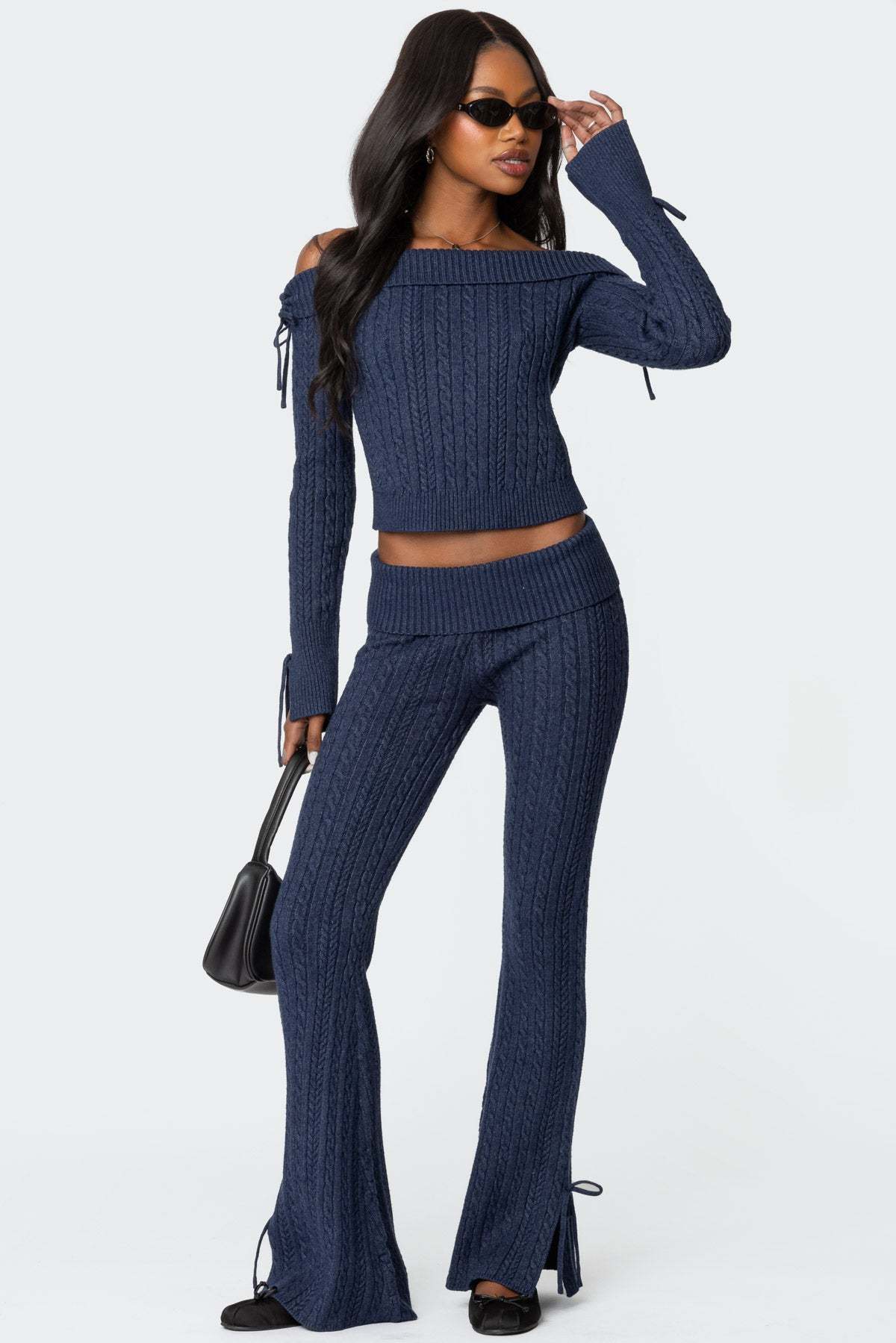 Chase Fold Over Cable Knit Top - NAVY