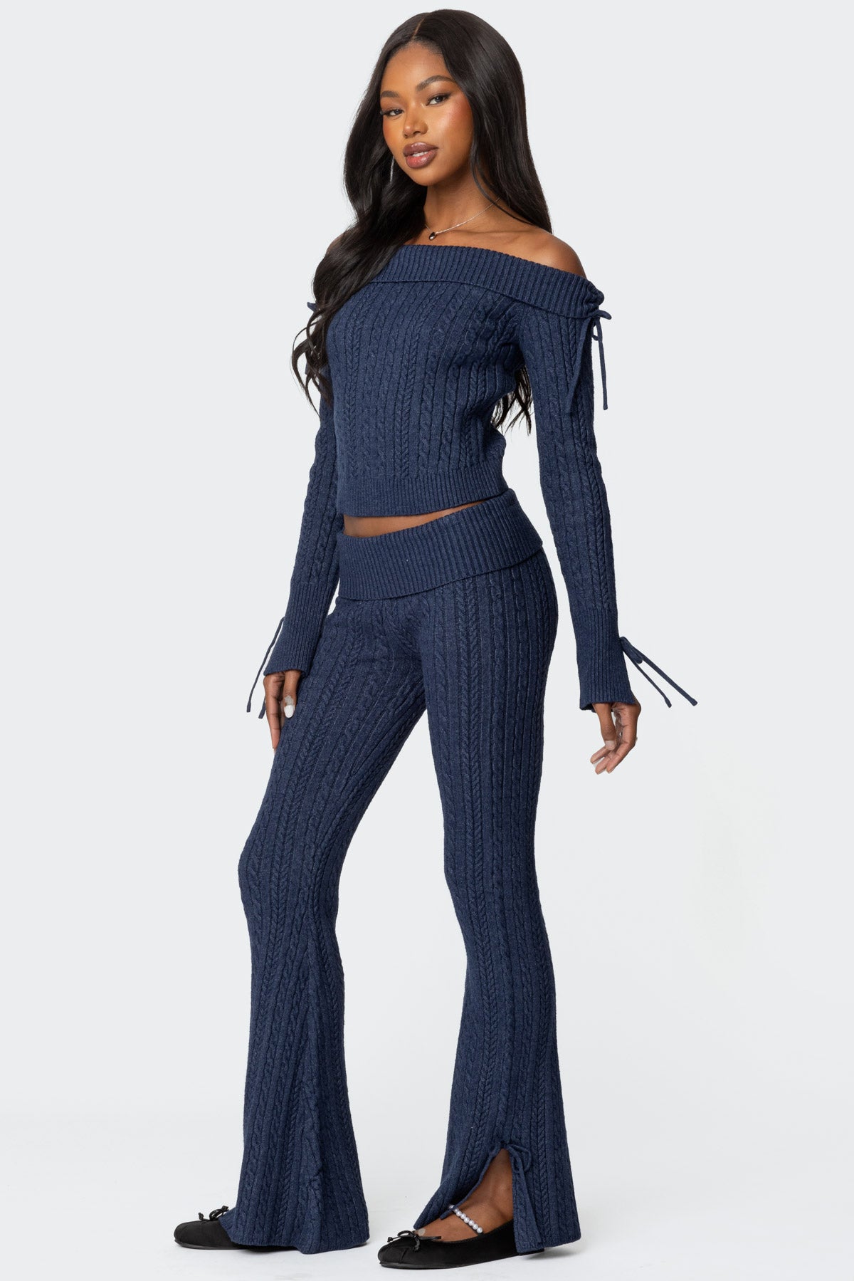 Chase Fold Over Cable Knit Top - NAVY