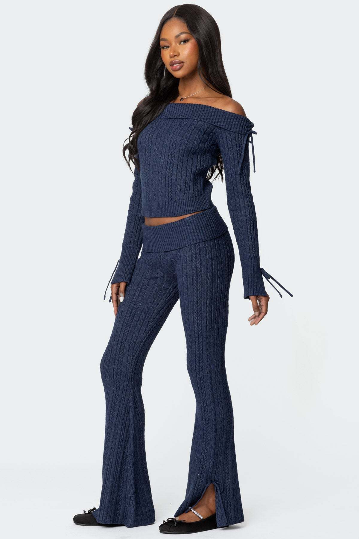 Chase Fold Over Cable Knit Top - NAVY