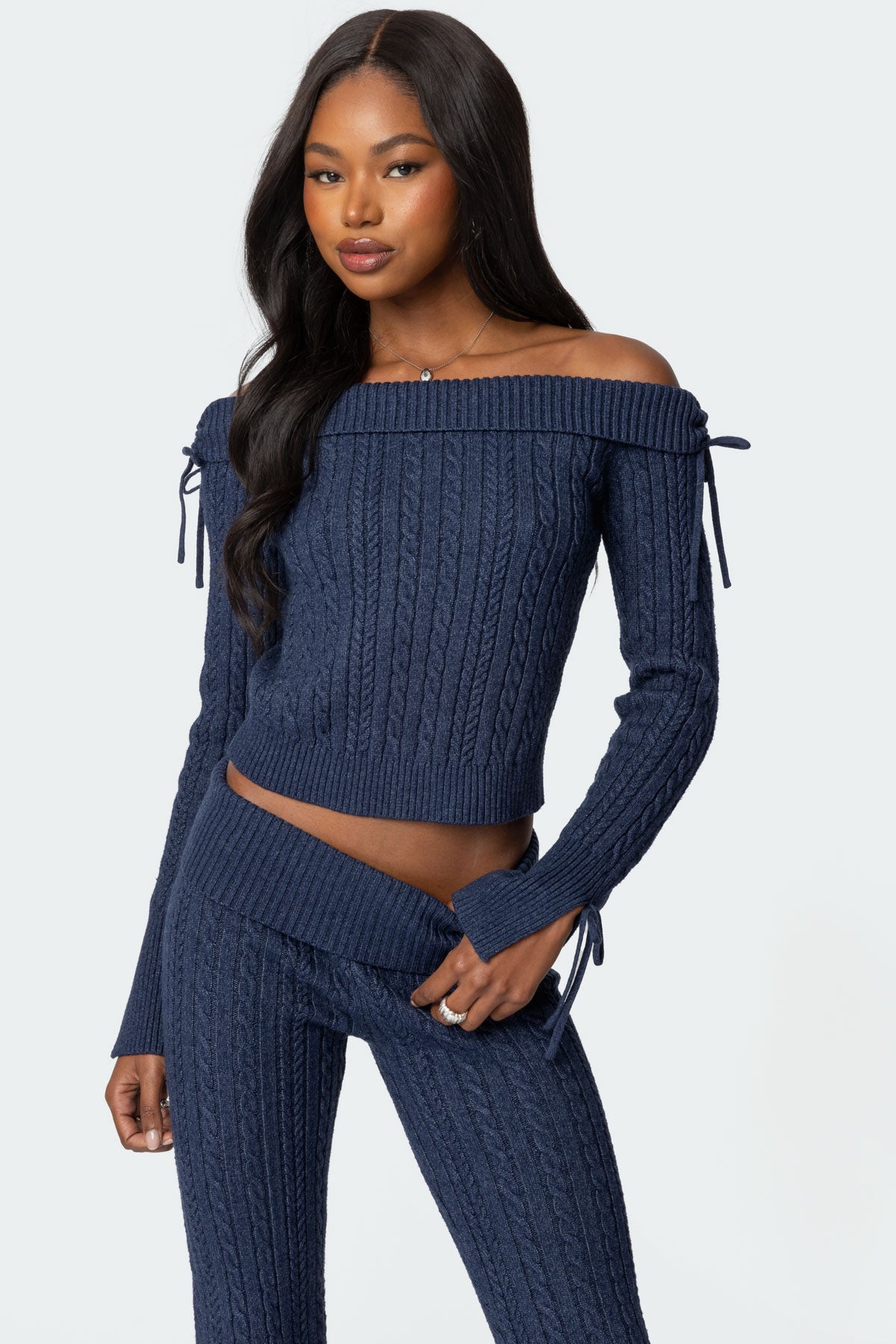 Chase Fold Over Cable Knit Top - NAVY