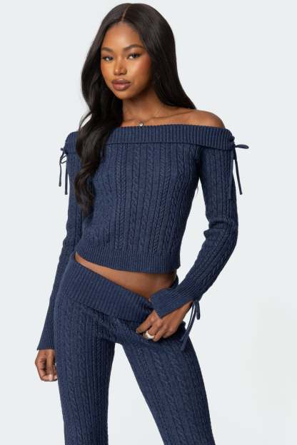 Chase Fold Over Cable Knit Top - NAVY