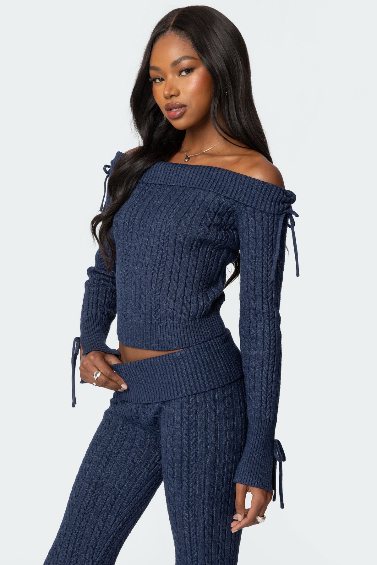 Chase Fold Over Cable Knit Top - NAVY