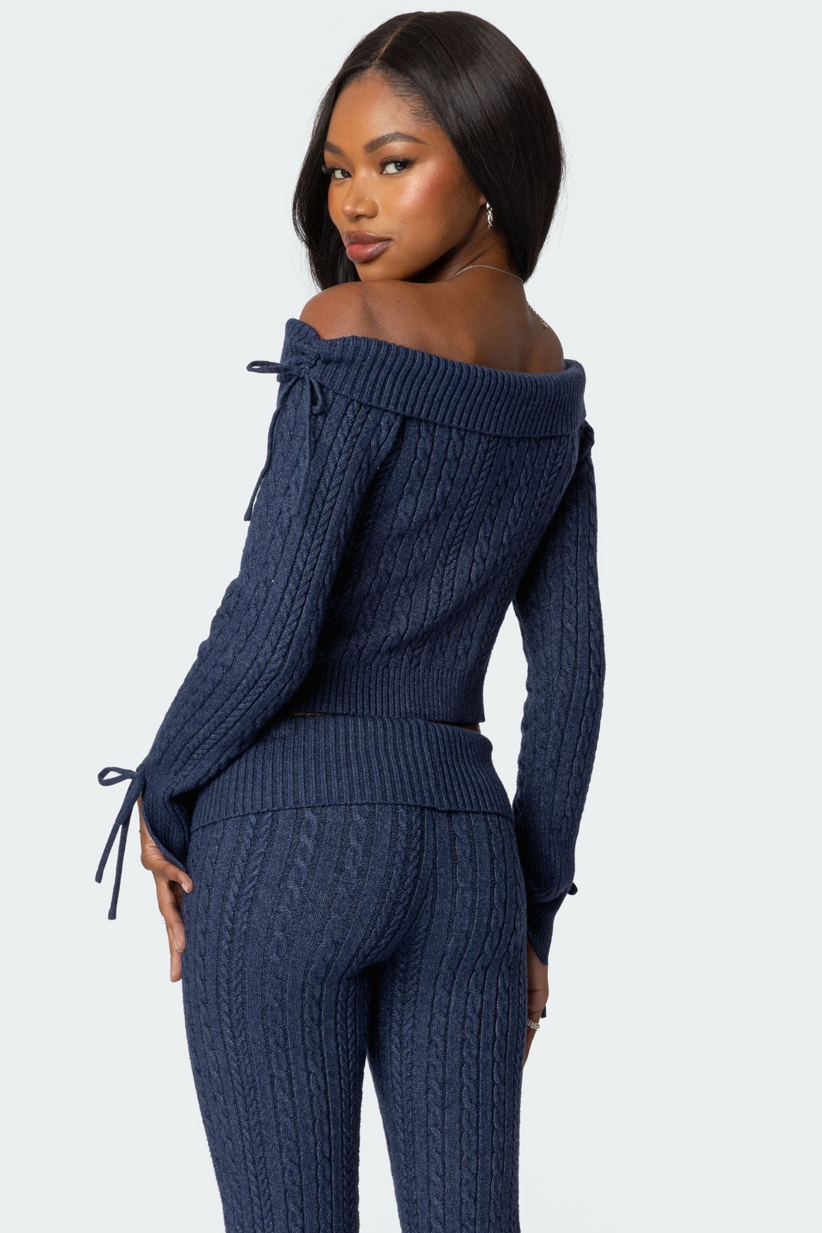 Chase Fold Over Cable Knit Top - NAVY