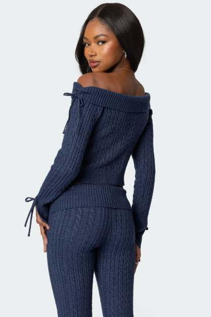 Chase Fold Over Cable Knit Top - NAVY