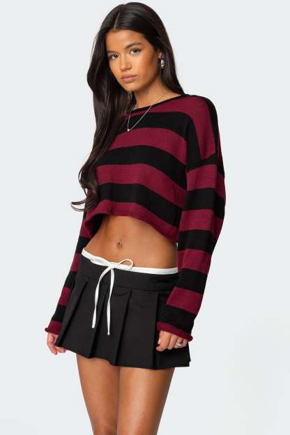 Shyrah Oversized Knit Top - BURGUNDY AND BLACK