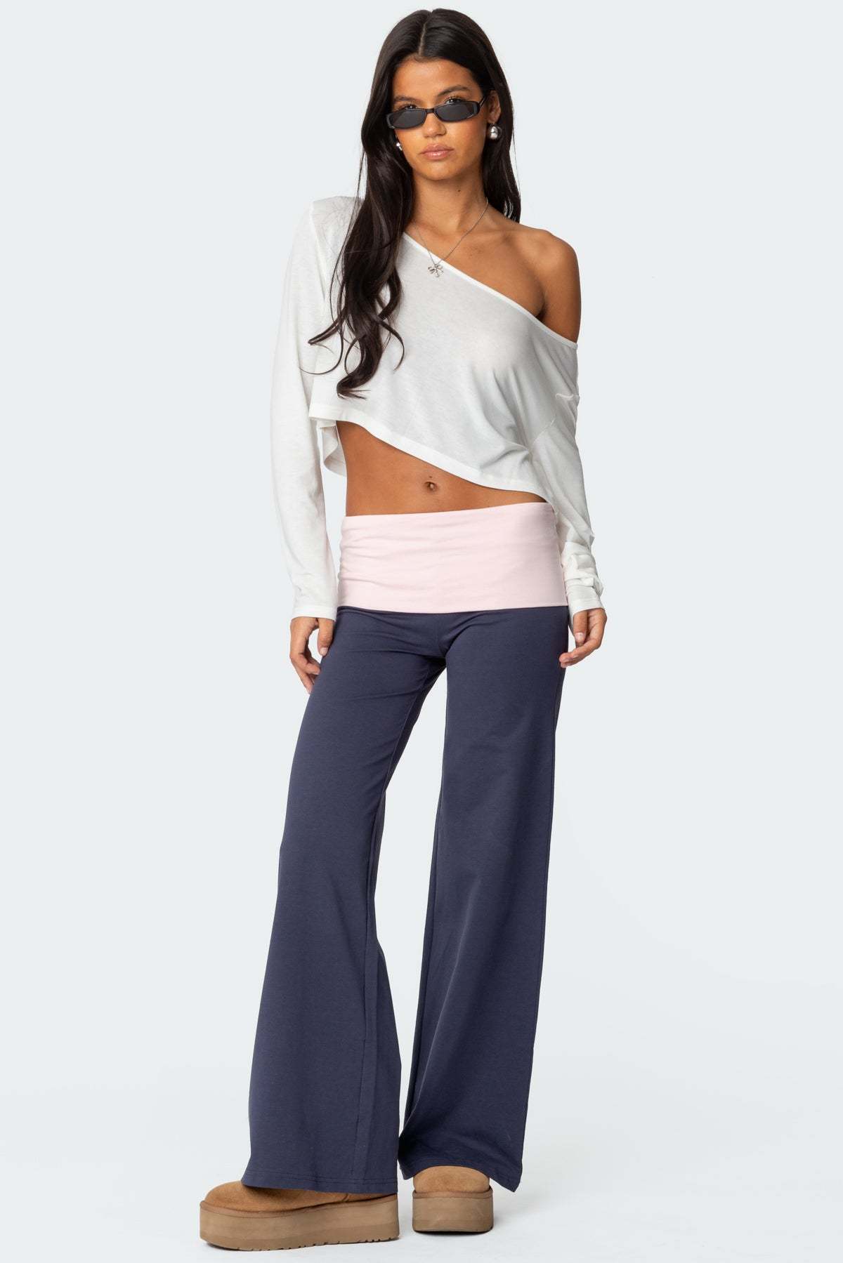 Wide Leg Contrast Foldover Pants - NAVY