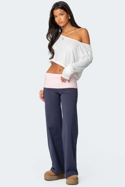 Wide Leg Contrast Foldover Pants - NAVY