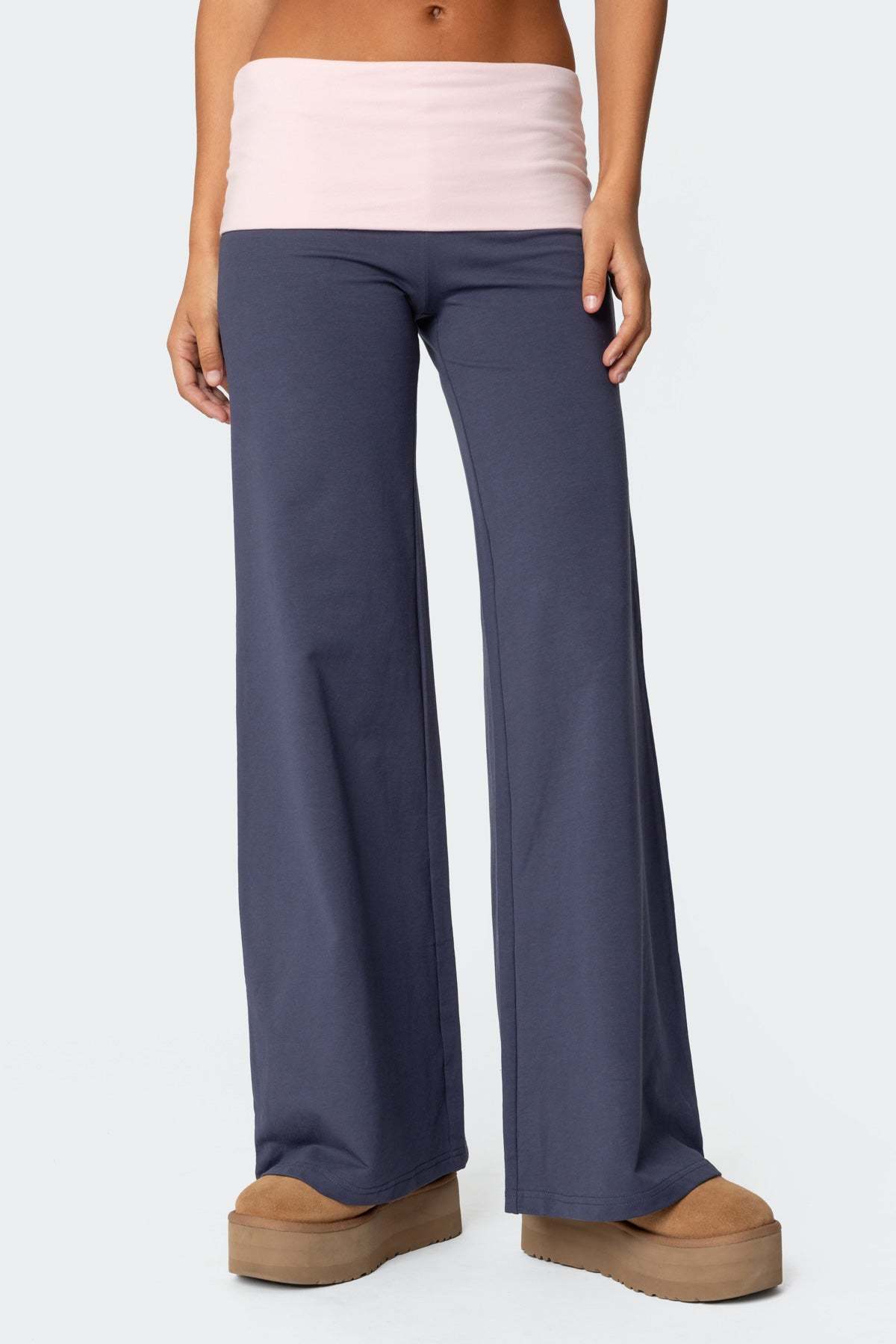 Wide Leg Contrast Foldover Pants - NAVY