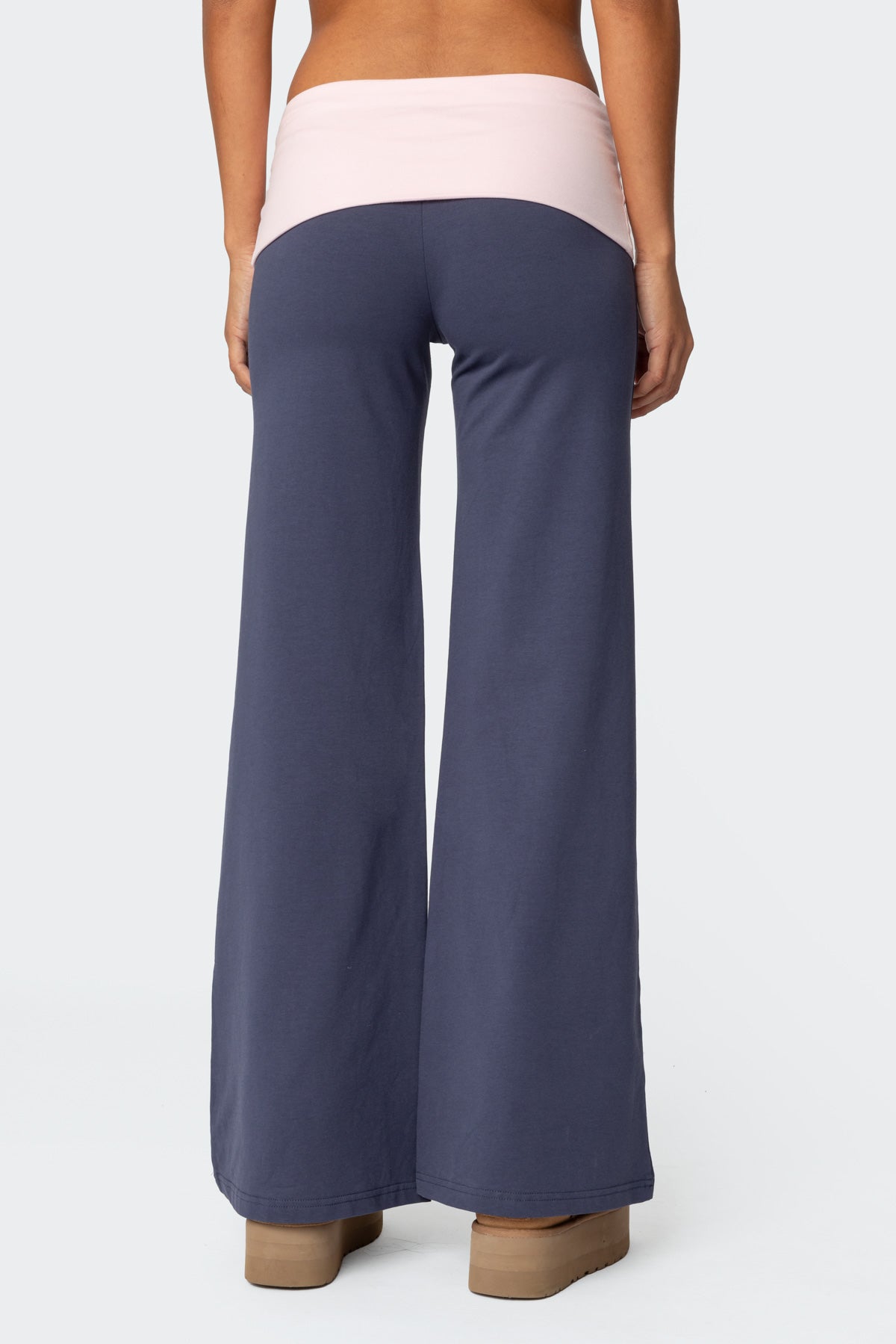 Wide Leg Contrast Foldover Pants - NAVY