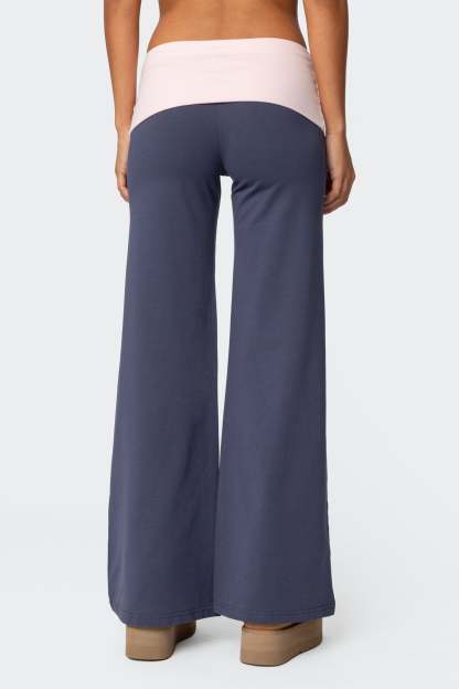 Wide Leg Contrast Foldover Pants - NAVY