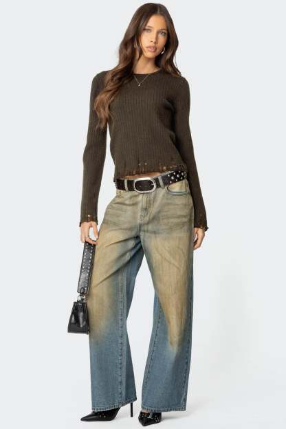 Distressed Ribbed Knit Sweater - OLIVE