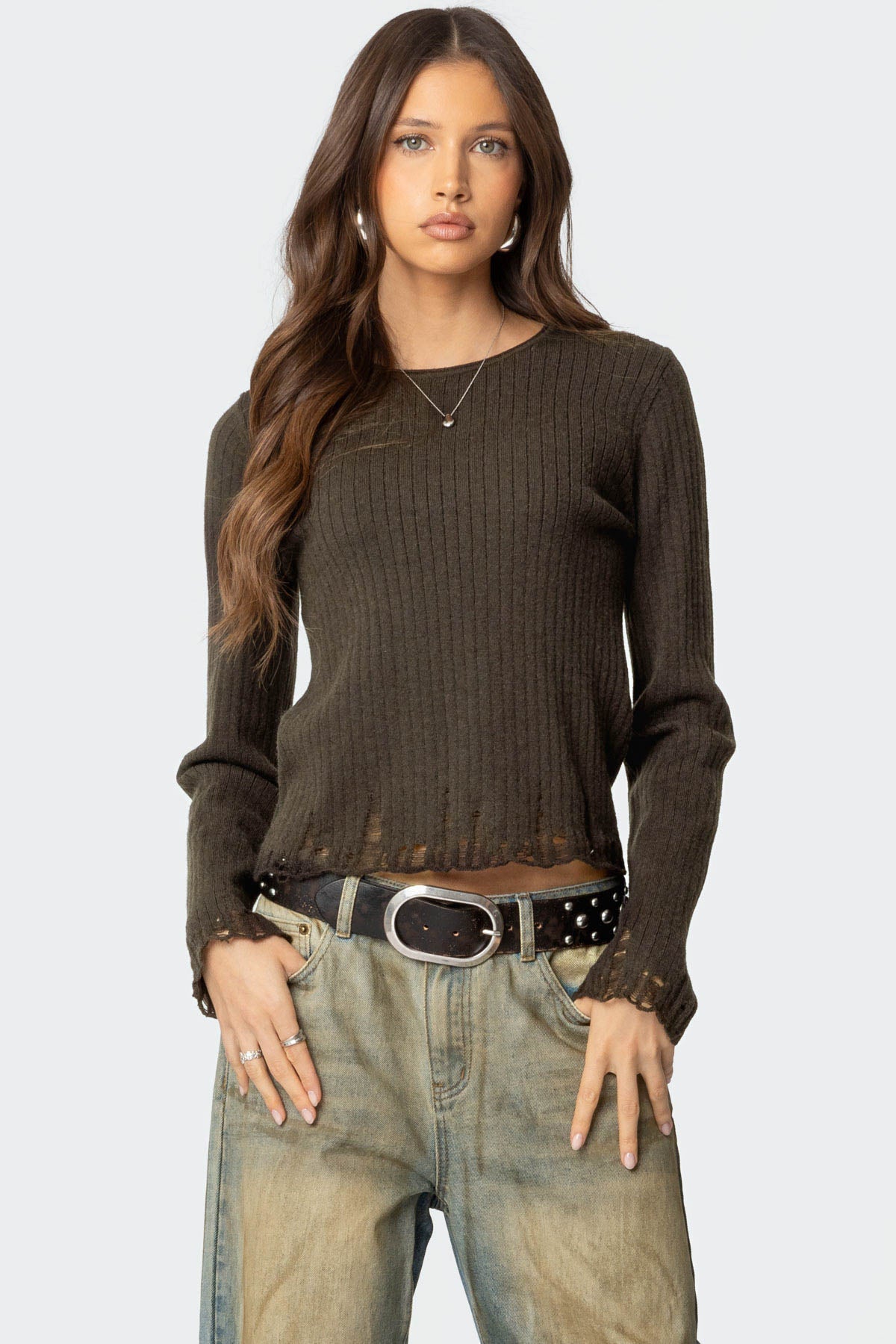Distressed Ribbed Knit Sweater - OLIVE