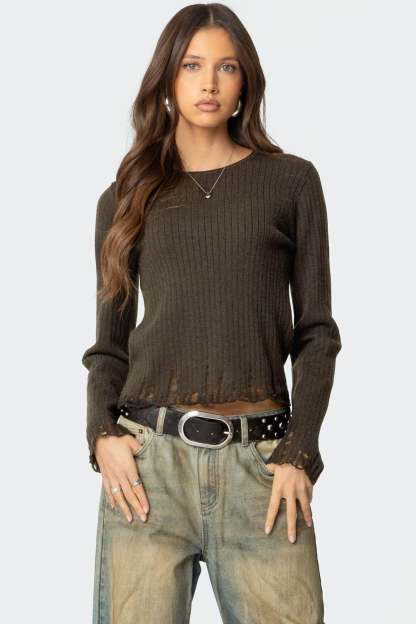 Distressed Ribbed Knit Sweater - OLIVE
