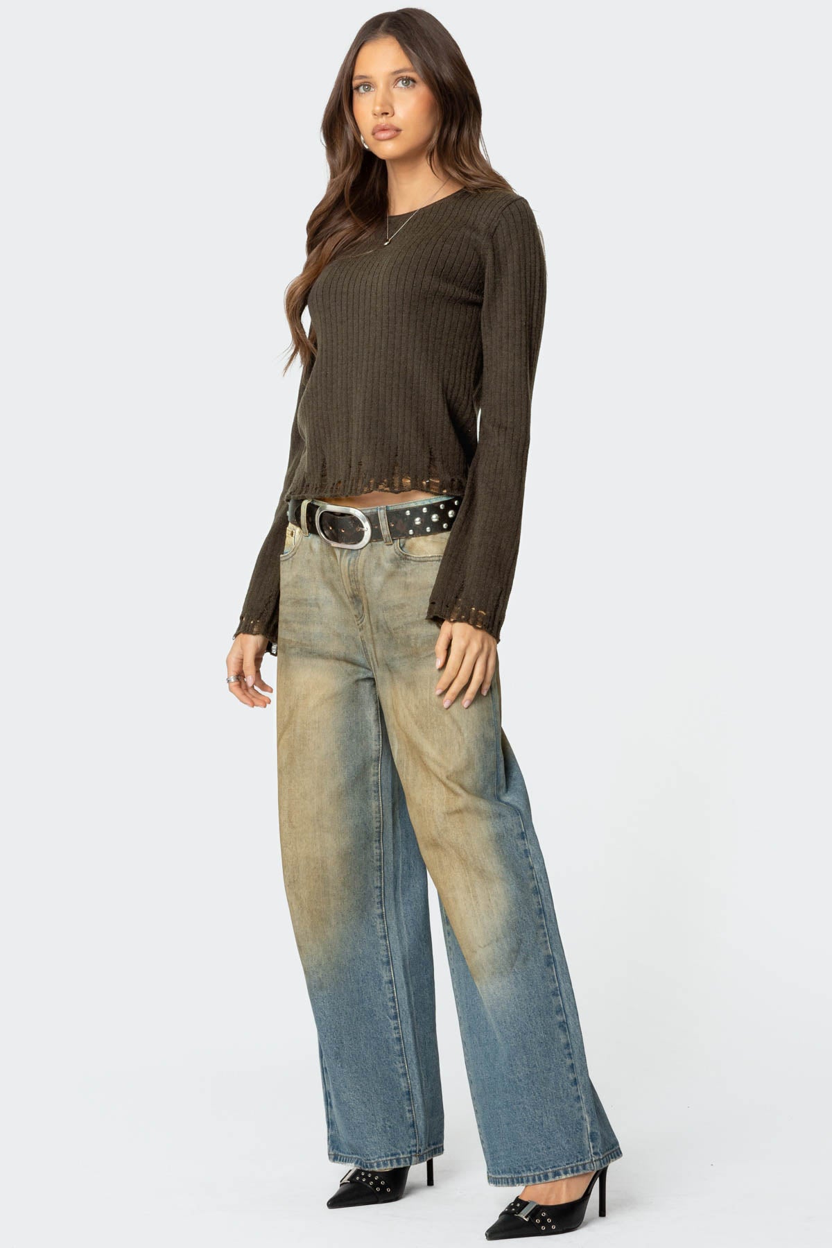 Distressed Ribbed Knit Sweater - OLIVE
