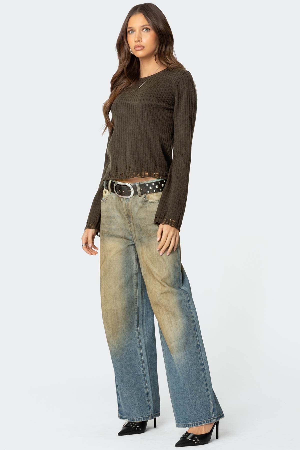 Distressed Ribbed Knit Sweater - OLIVE