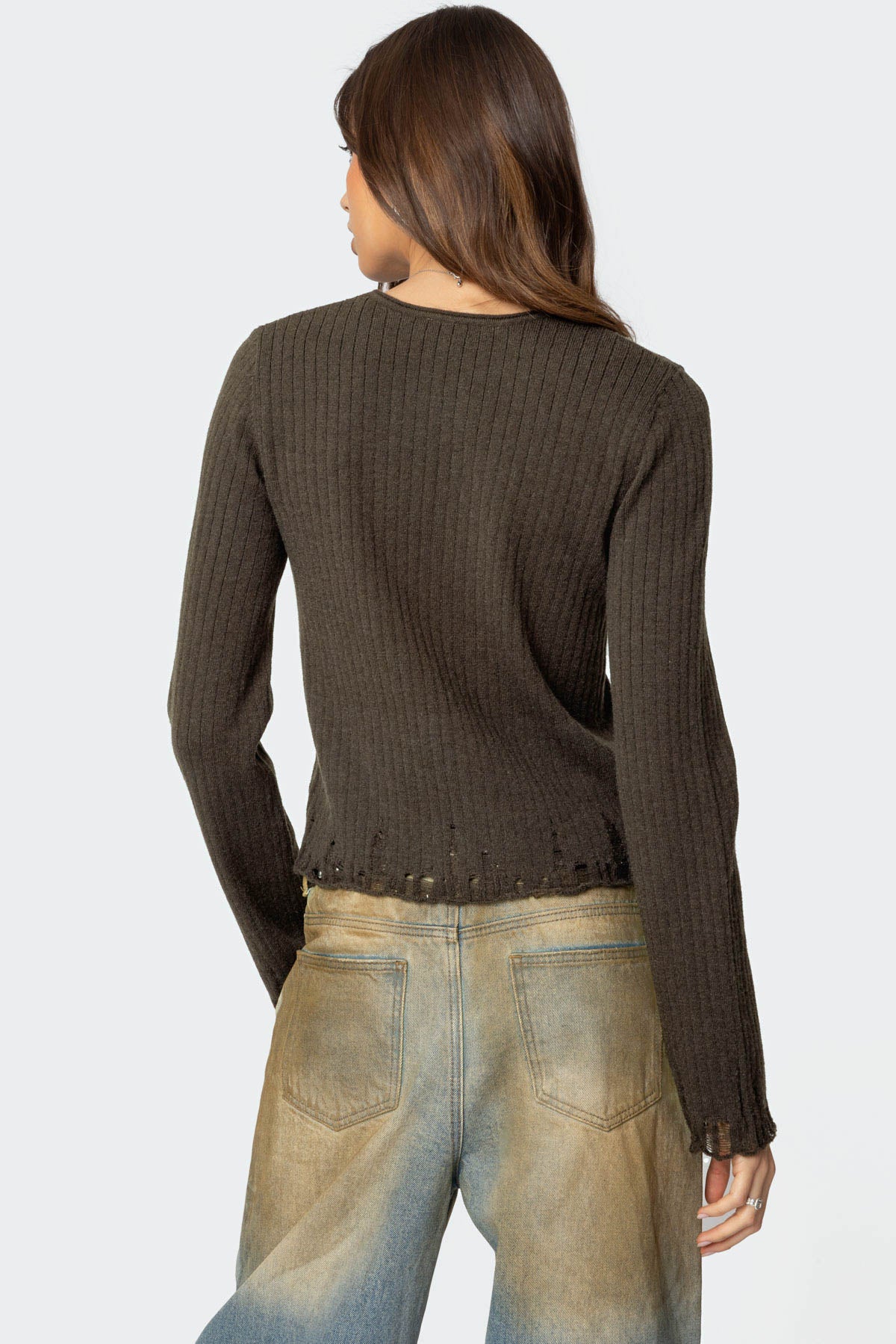 Distressed Ribbed Knit Sweater - OLIVE