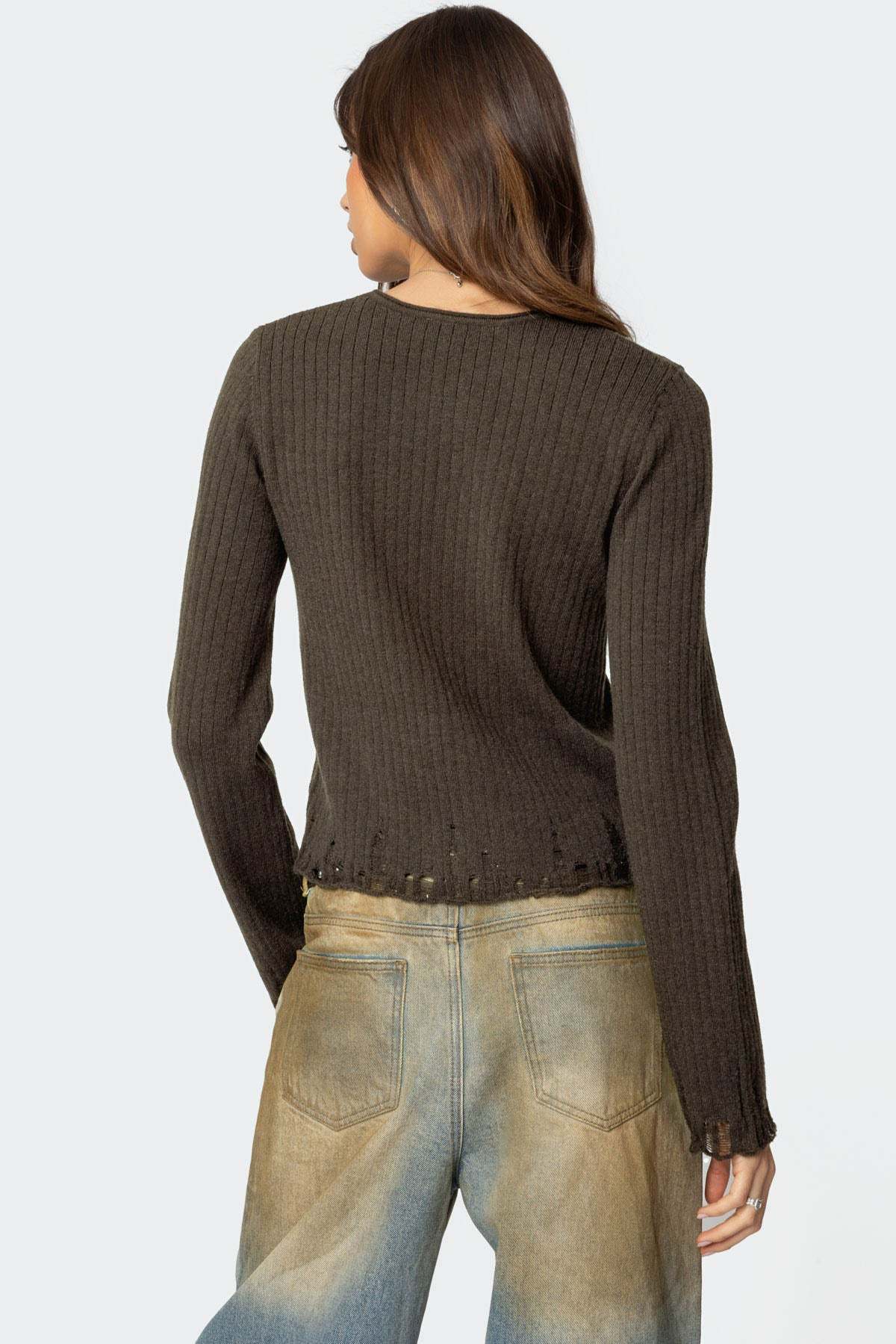 Distressed Ribbed Knit Sweater - OLIVE