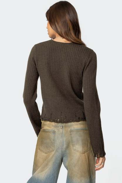 Distressed Ribbed Knit Sweater - OLIVE