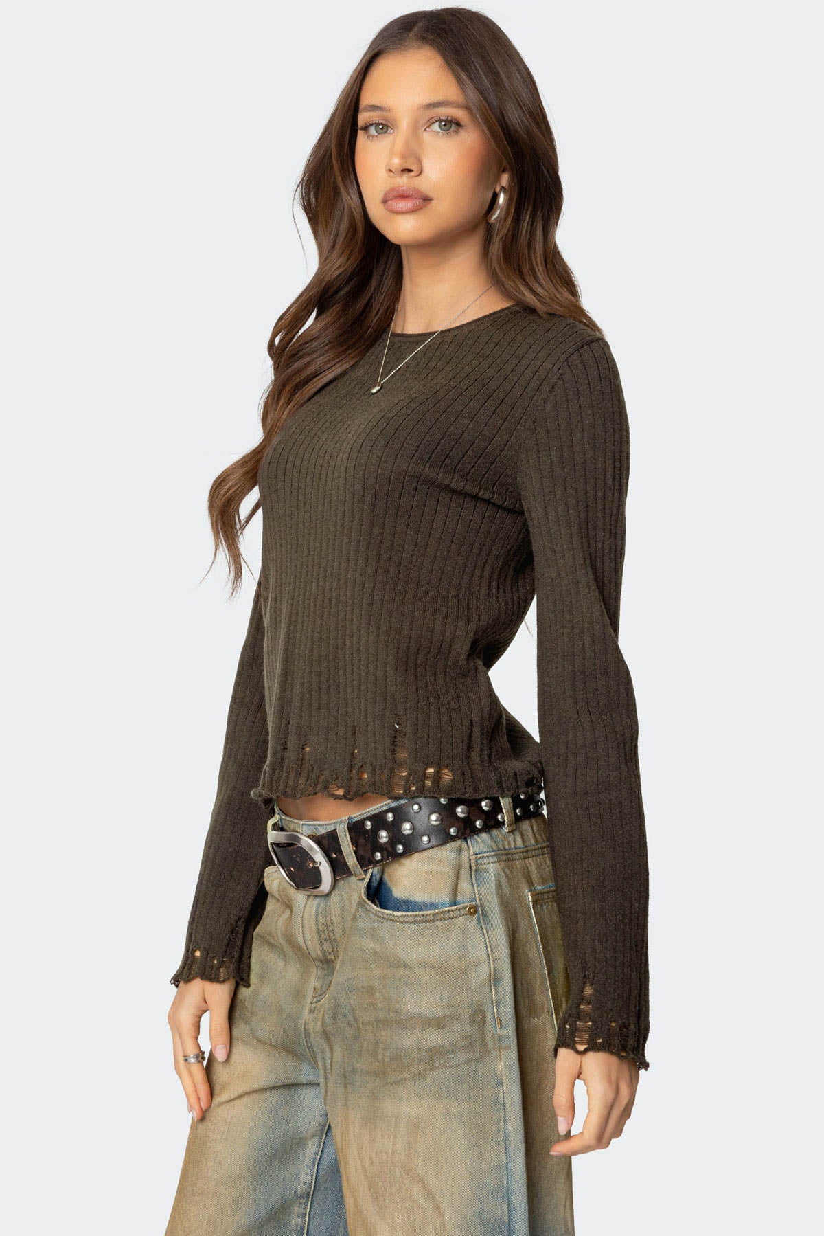 Distressed Ribbed Knit Sweater - OLIVE