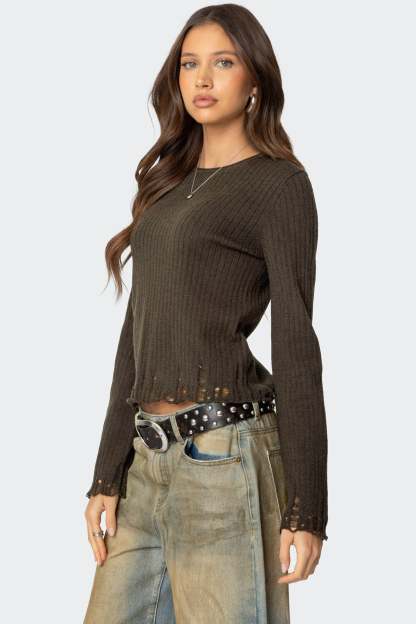 Distressed Ribbed Knit Sweater - OLIVE