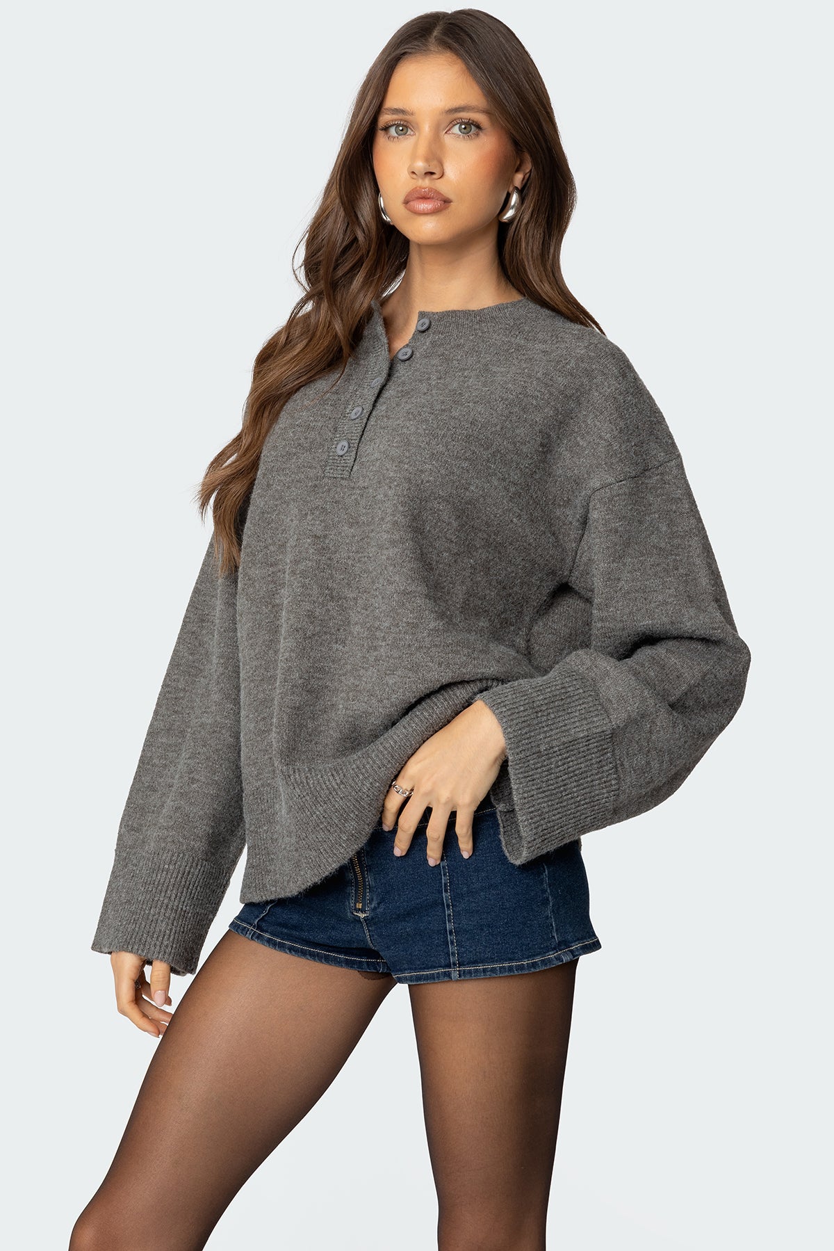 Montana Oversized Button Sweater - GRAY MELANGE