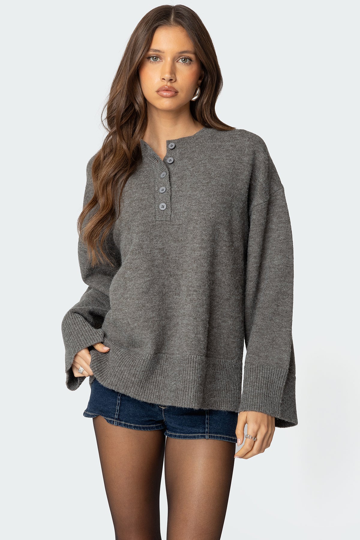 Montana Oversized Button Sweater - GRAY MELANGE