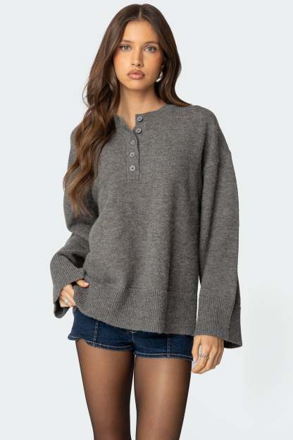 Montana Oversized Button Sweater - GRAY MELANGE