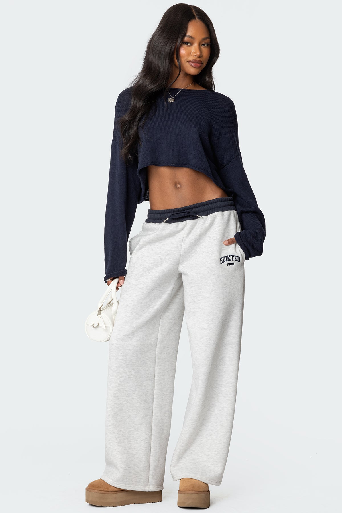 Edikted Contrast Embroidered Sweatpants - GRAY MELANGE