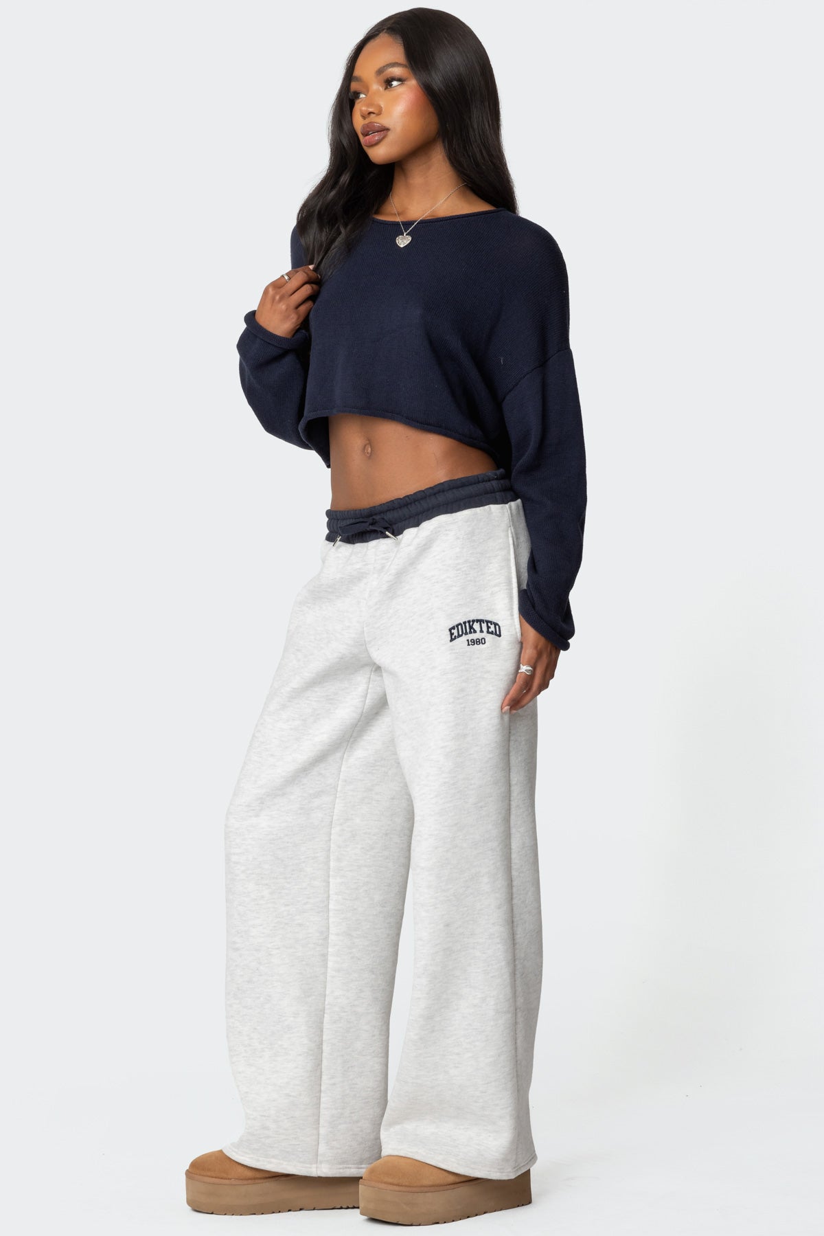 Edikted Contrast Embroidered Sweatpants - GRAY MELANGE