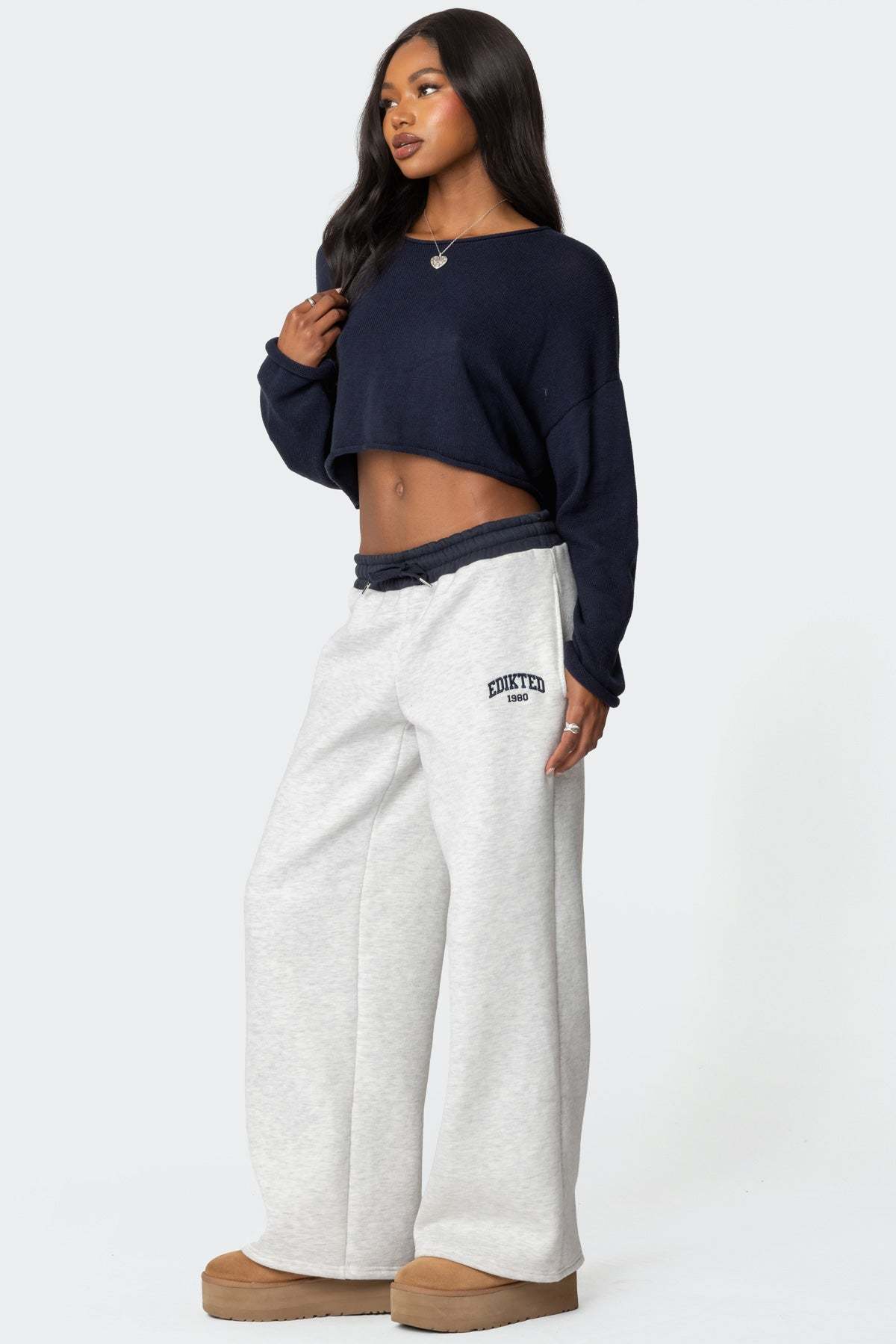 Edikted Contrast Embroidered Sweatpants - GRAY MELANGE