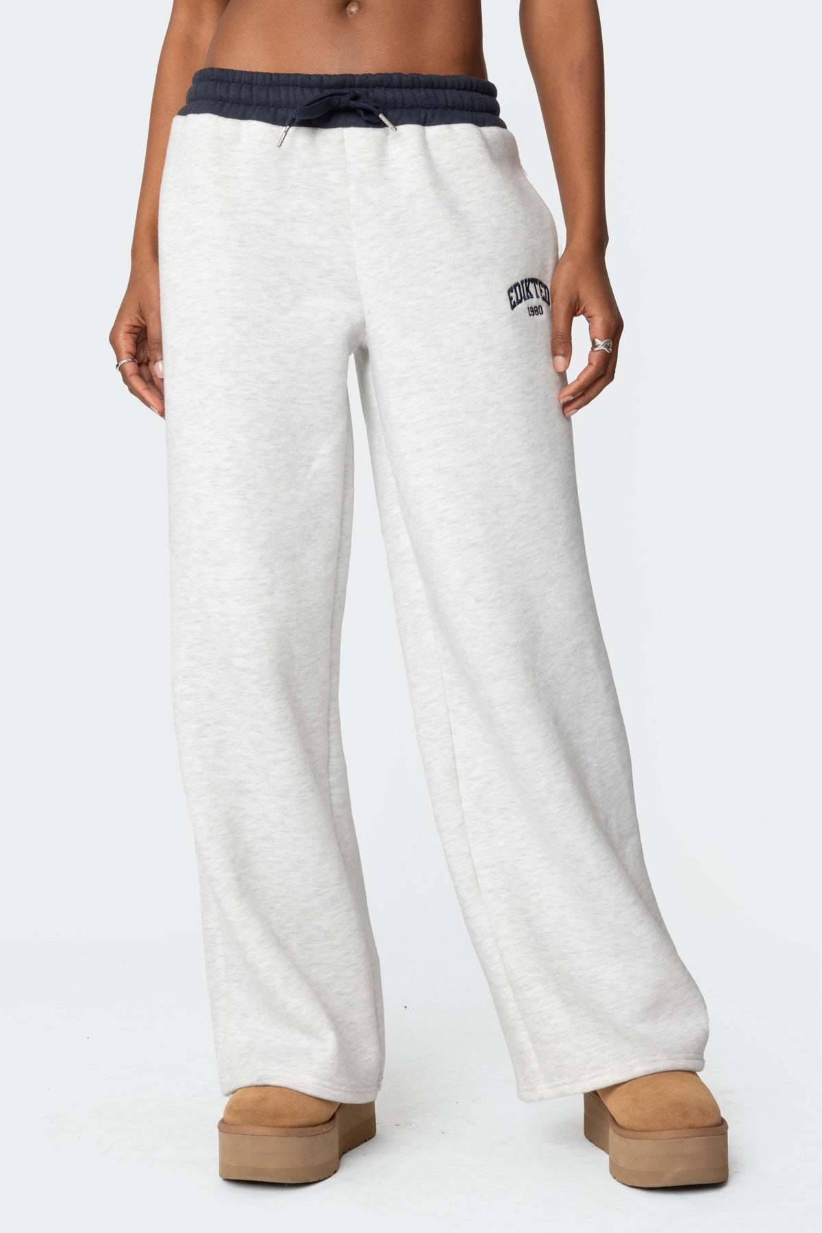 Edikted Contrast Embroidered Sweatpants - GRAY MELANGE
