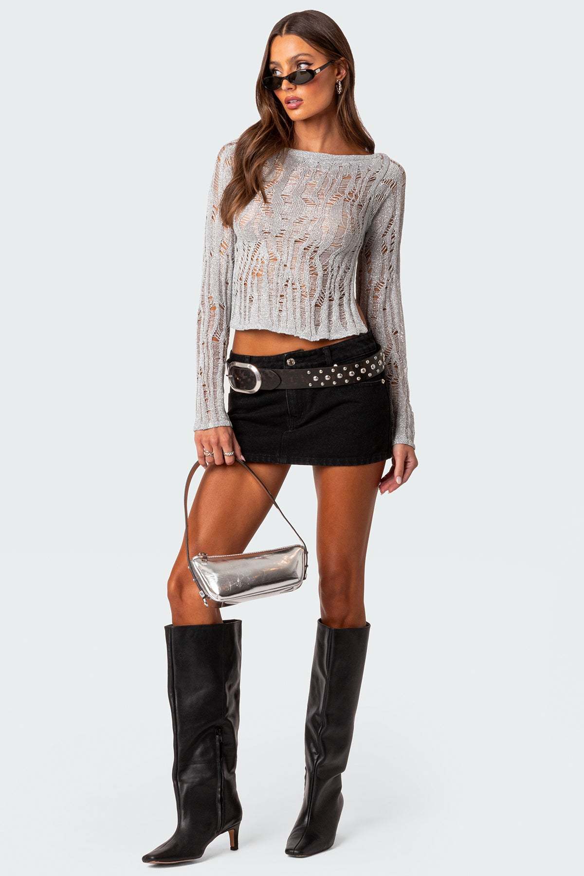 Open Back Metallic Knit Top - SILVER