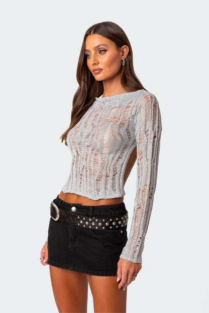 Open Back Metallic Knit Top - SILVER
