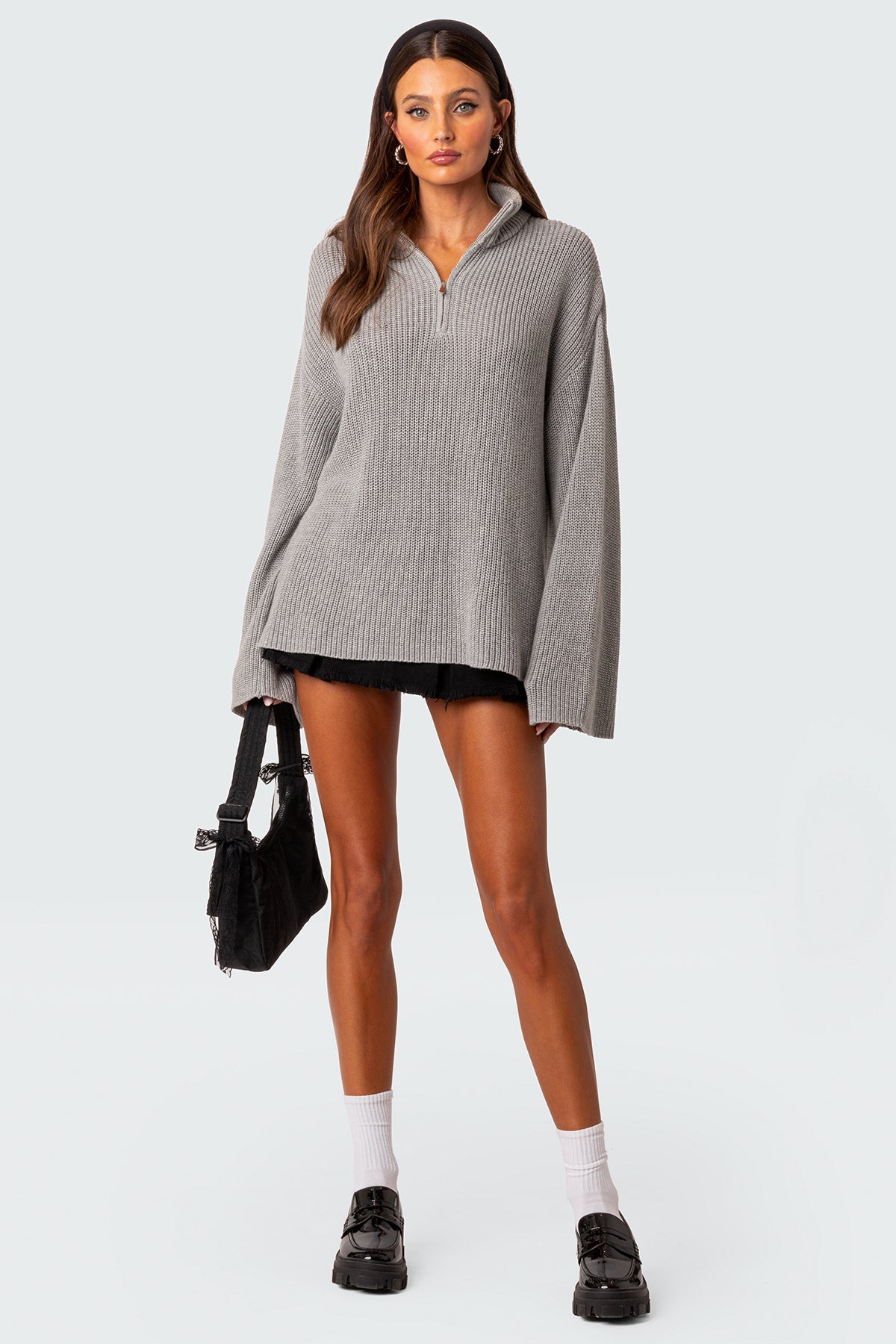 Amour High Neck Oversized Zip Sweater - GRAY MELANGE