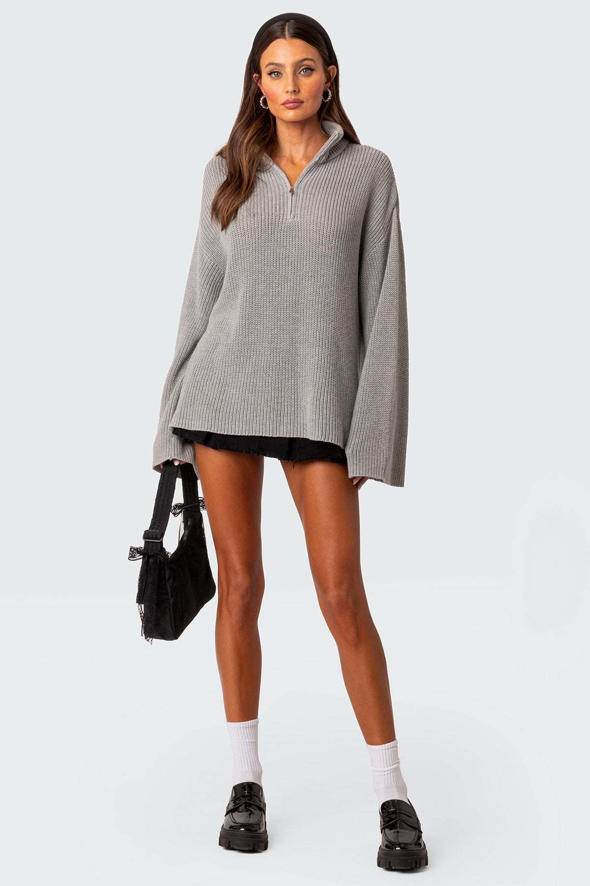 Amour High Neck Oversized Zip Sweater - GRAY MELANGE