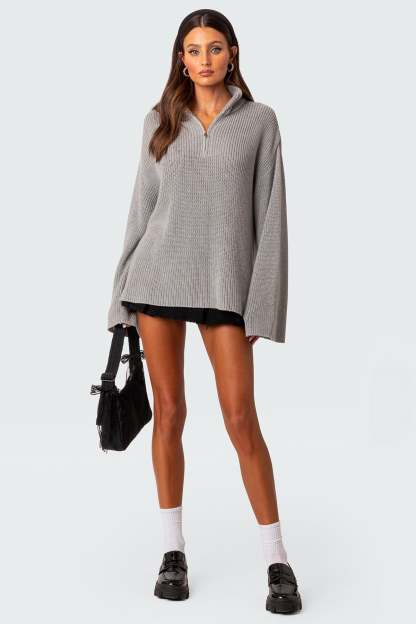 Amour High Neck Oversized Zip Sweater - GRAY MELANGE