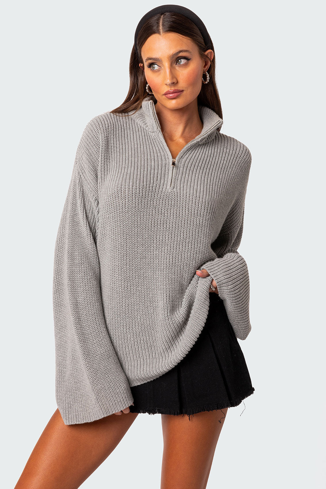 Amour High Neck Oversized Zip Sweater - GRAY MELANGE