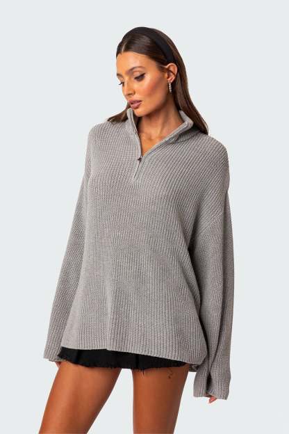 Amour High Neck Oversized Zip Sweater - GRAY MELANGE