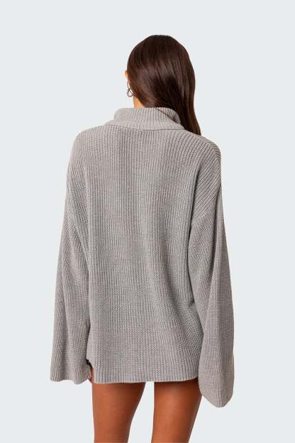 Amour High Neck Oversized Zip Sweater - GRAY MELANGE
