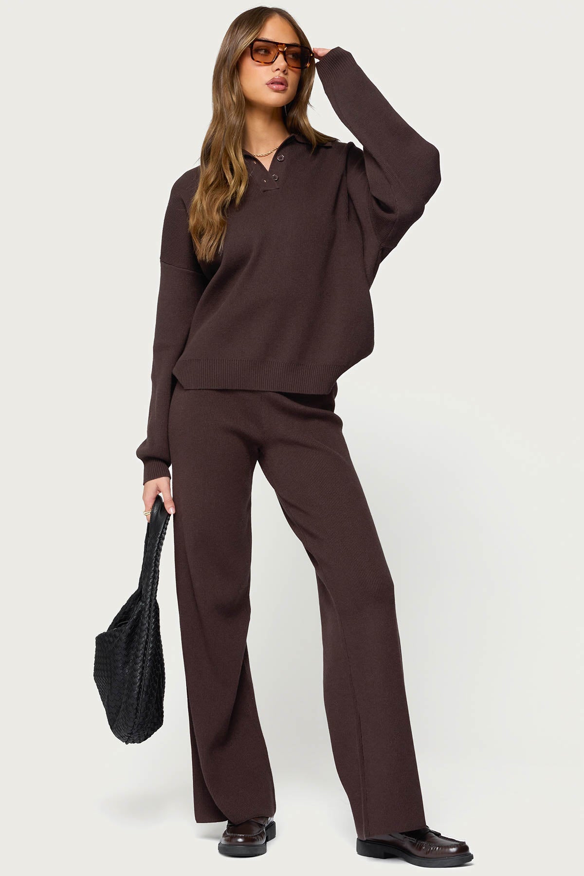 Lorie Oversized Knit Polo Sweater - BROWN