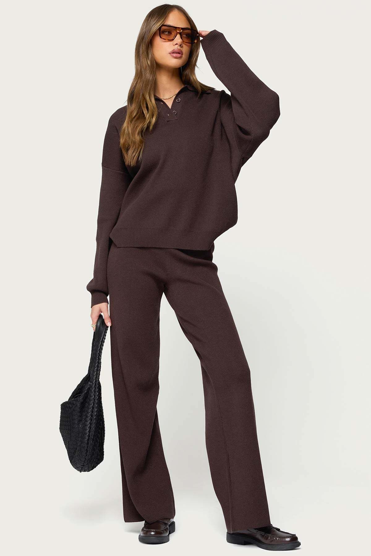 Lorie Oversized Knit Polo Sweater - BROWN