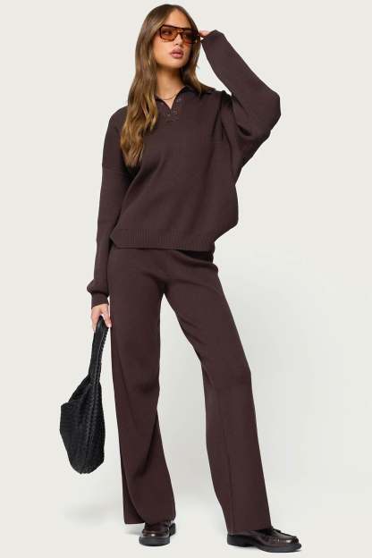 Lorie Oversized Knit Polo Sweater - BROWN