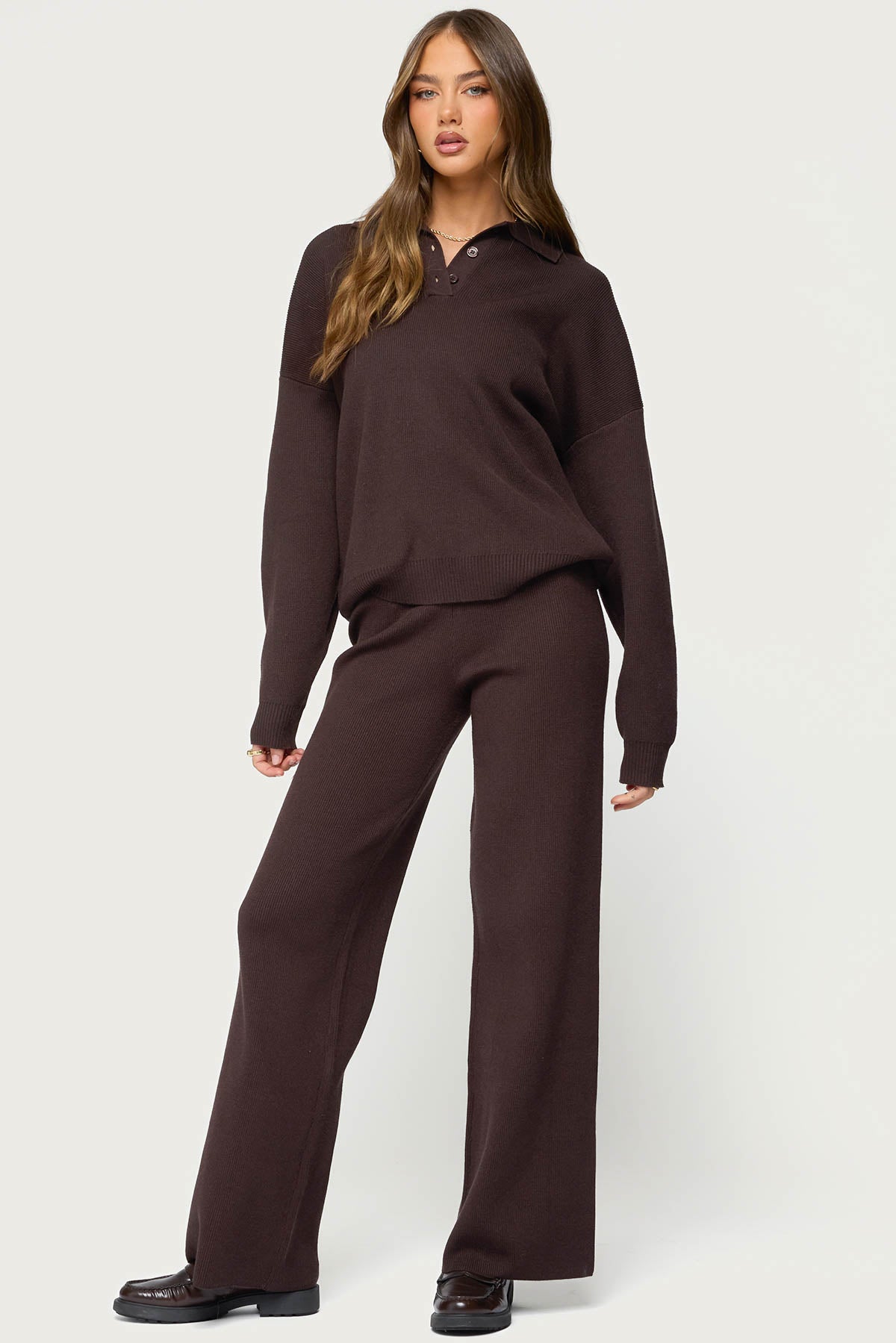 Lorie Oversized Knit Polo Sweater - BROWN