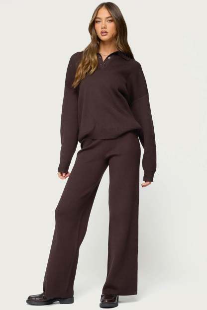 Lorie Oversized Knit Polo Sweater - BROWN