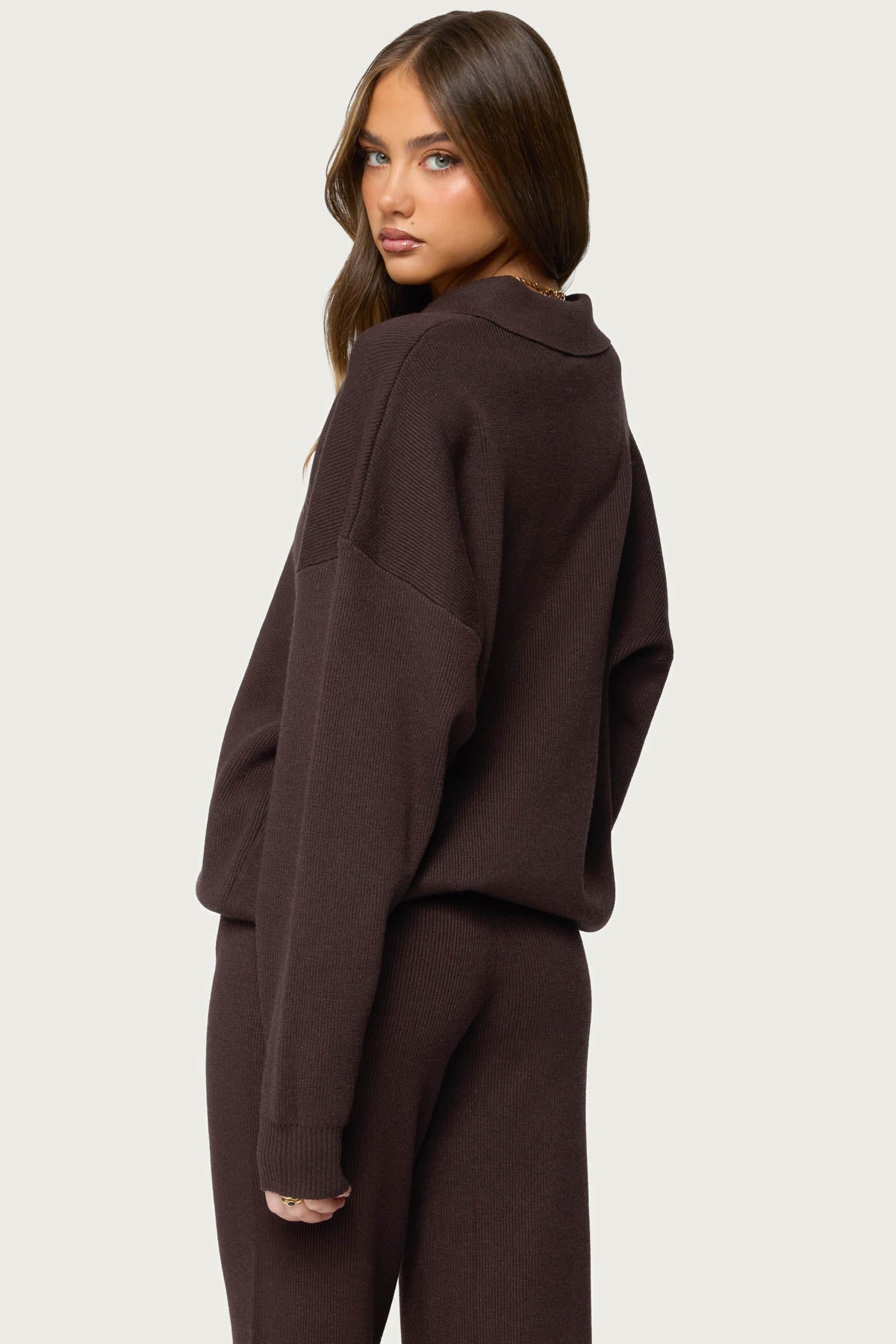 Lorie Oversized Knit Polo Sweater - BROWN
