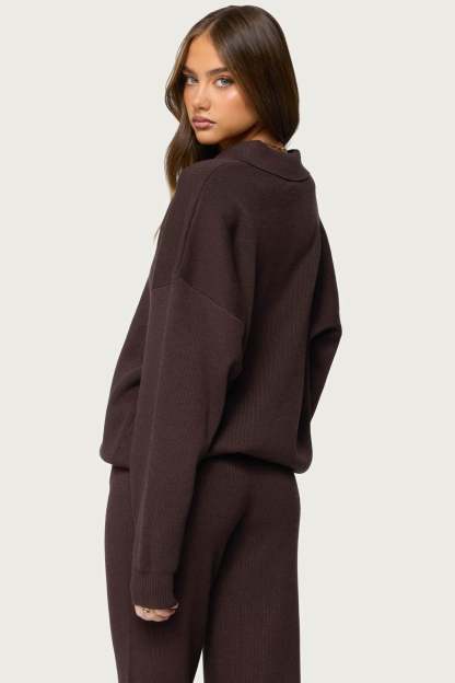 Lorie Oversized Knit Polo Sweater - BROWN