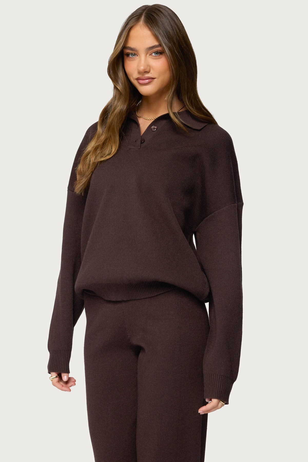 Lorie Oversized Knit Polo Sweater - BROWN