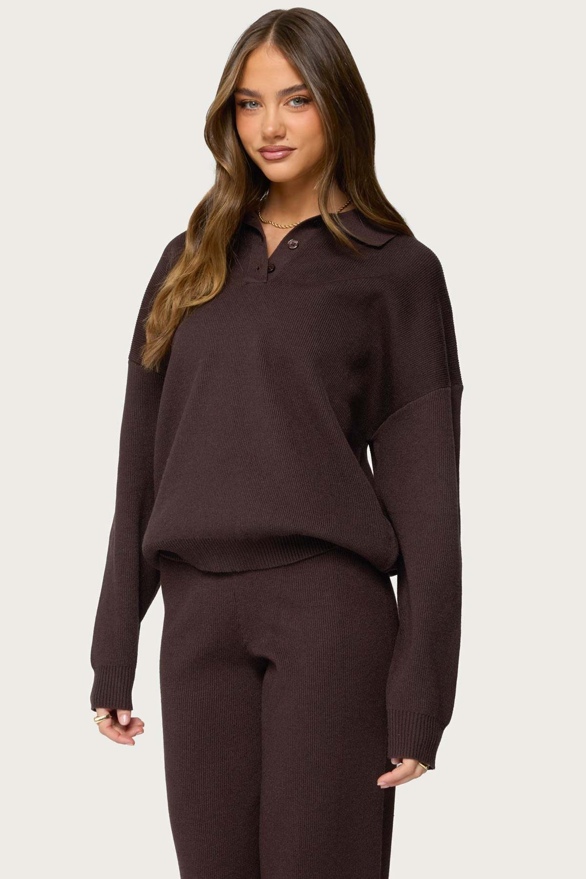Lorie Oversized Knit Polo Sweater - BROWN