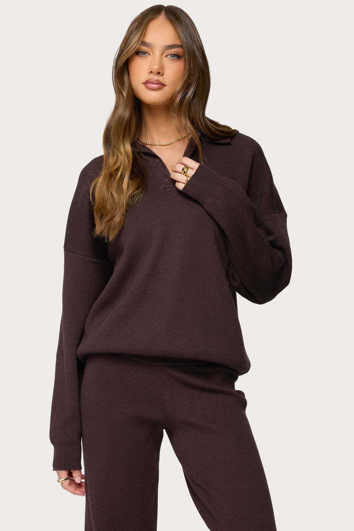 Lorie Oversized Knit Polo Sweater - BROWN